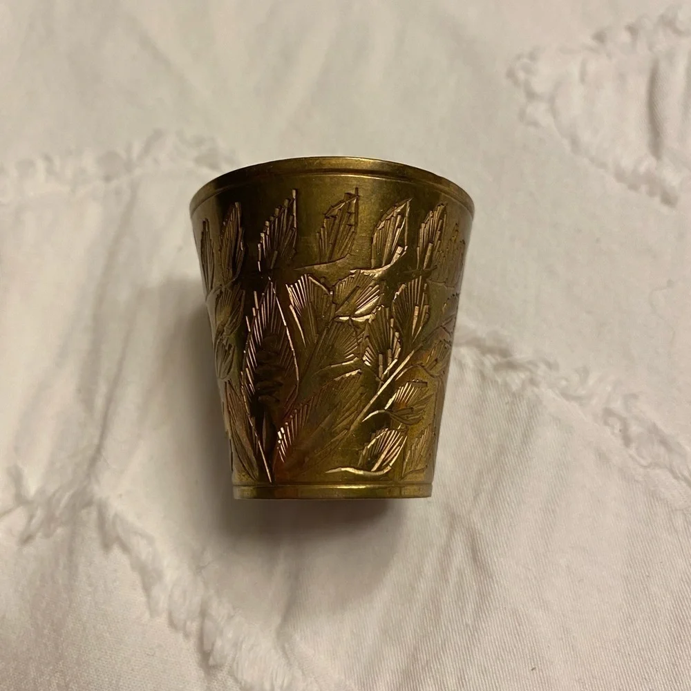 Brass shot glass lassi cup vase small etched engraved holder party.  #16